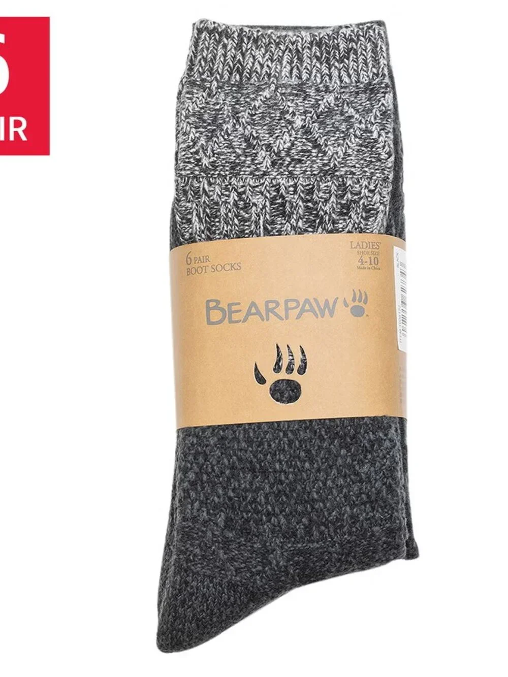 BearPaw Women's 6-Pair Boot Socks Black, Fits Shoe Size: 4-10, NWT